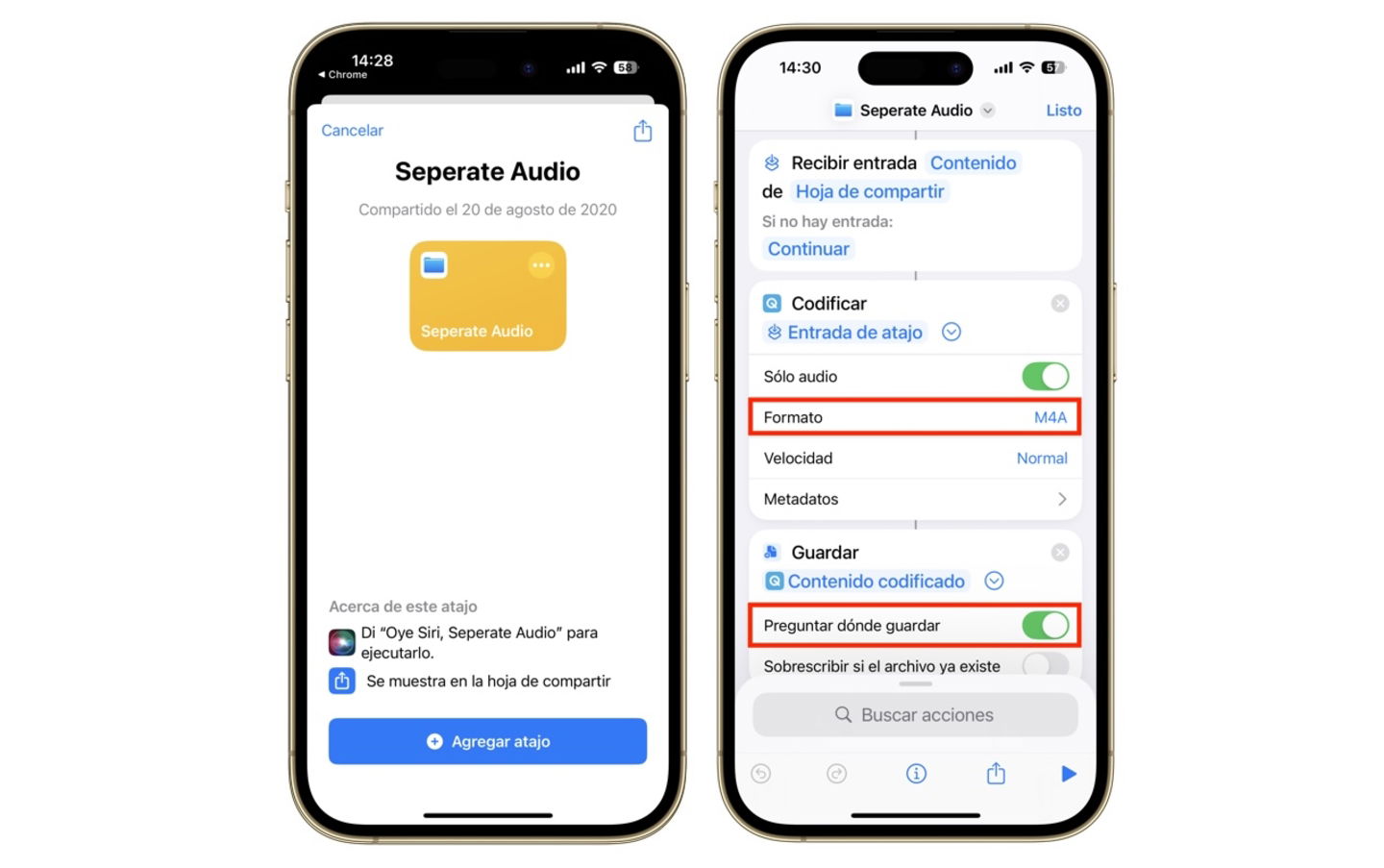 Configuración de Atajo para extraer audio