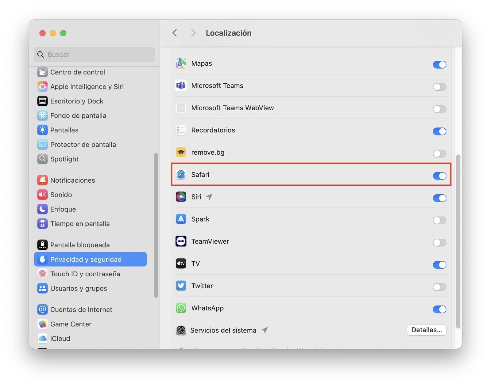 Ajustes de Localización en macOS