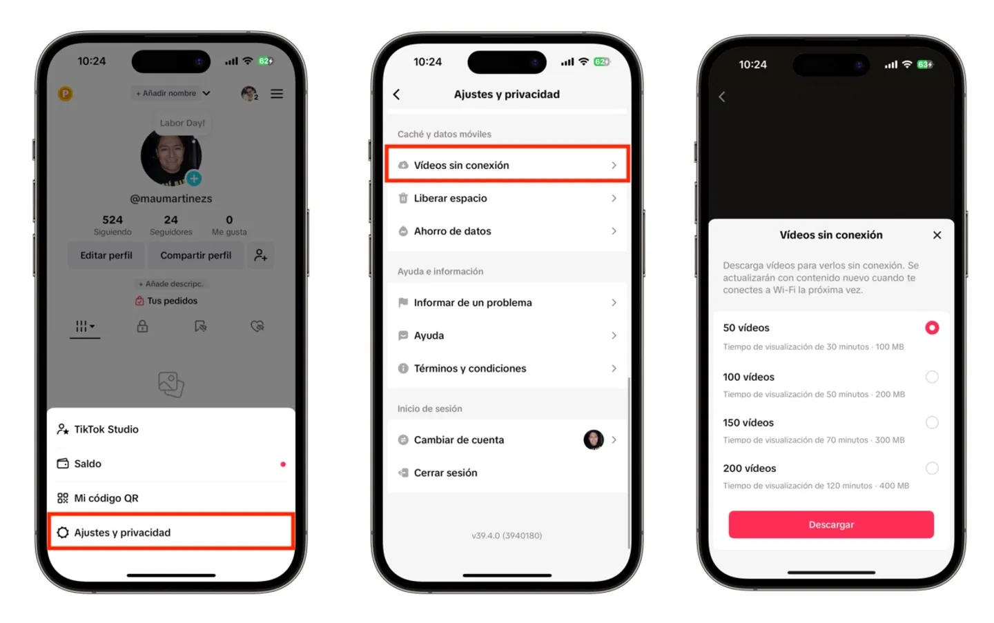 Configuración de TikTok, vídeos sin conexión