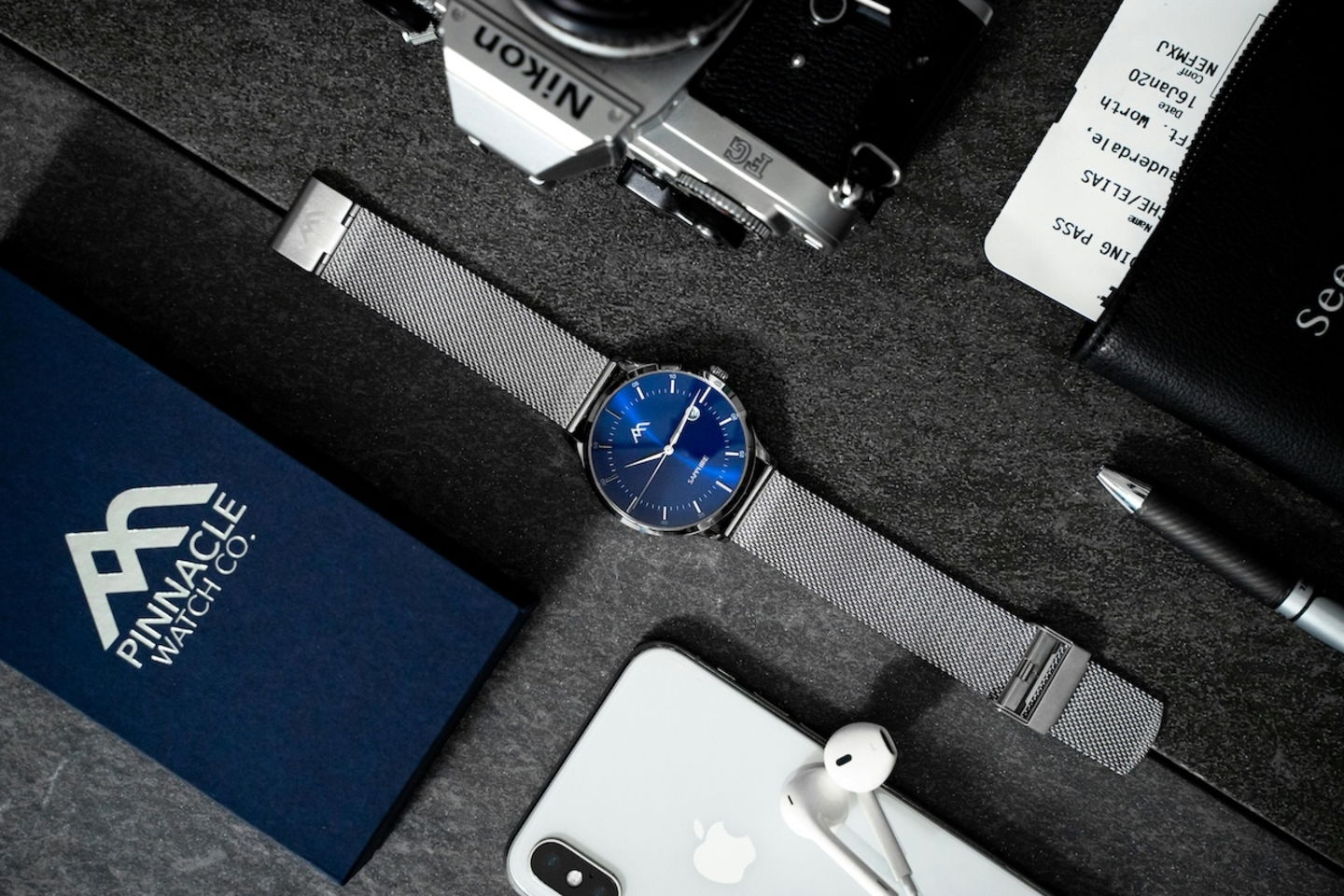 Watch, iPhone, camera and flight ticket