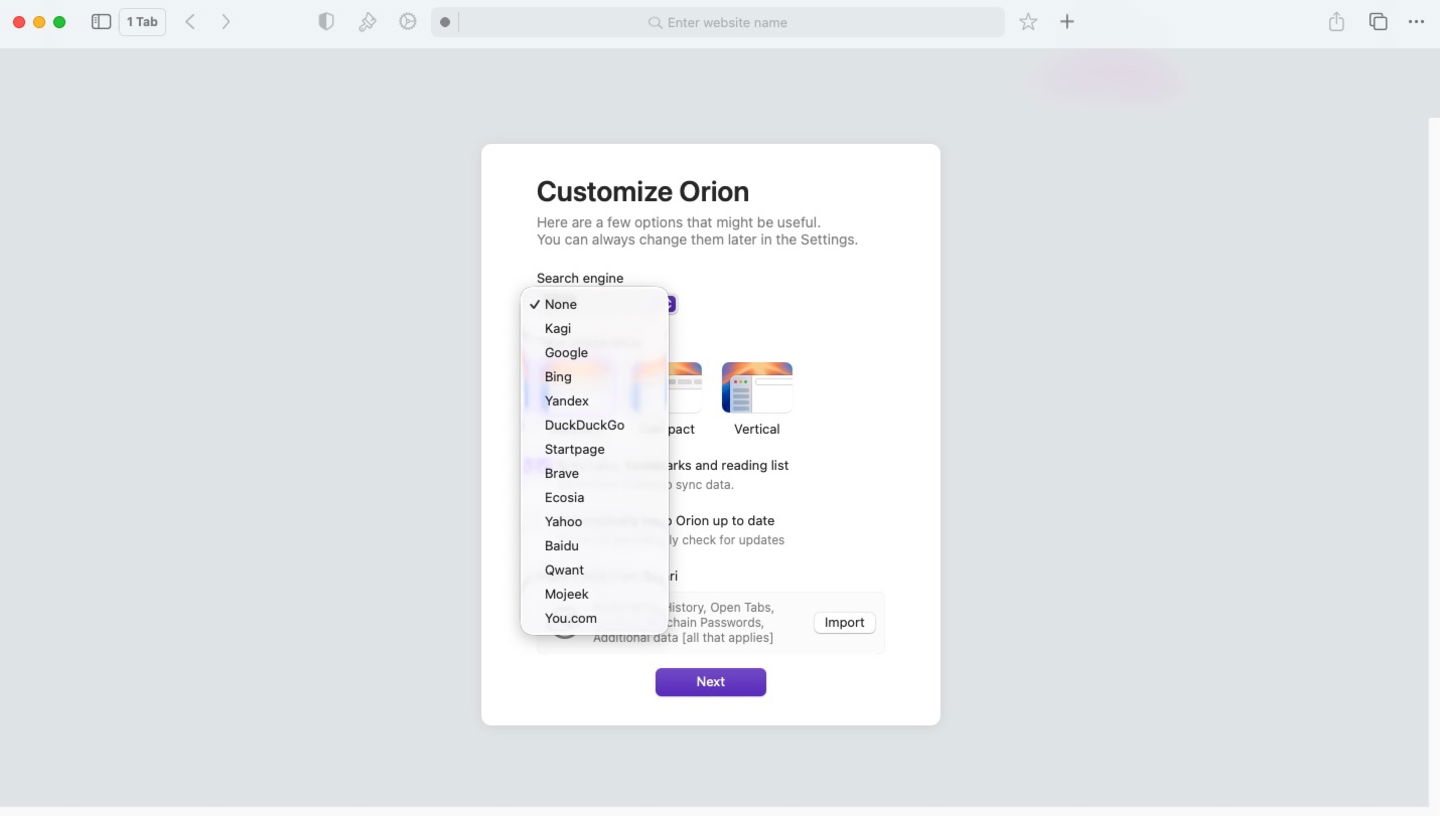Configuración de navegador Orion