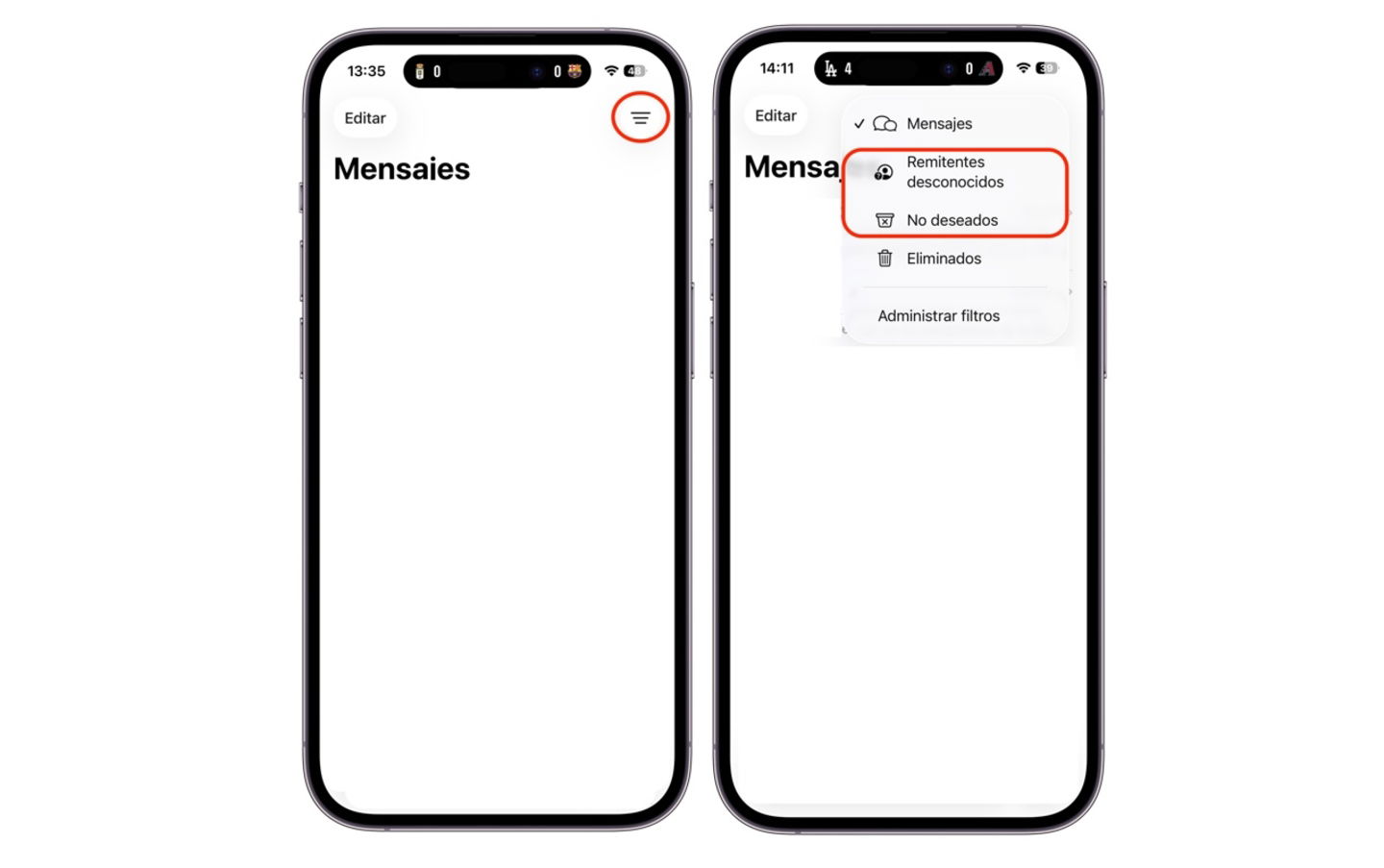 Categorías dentro de Mensajes