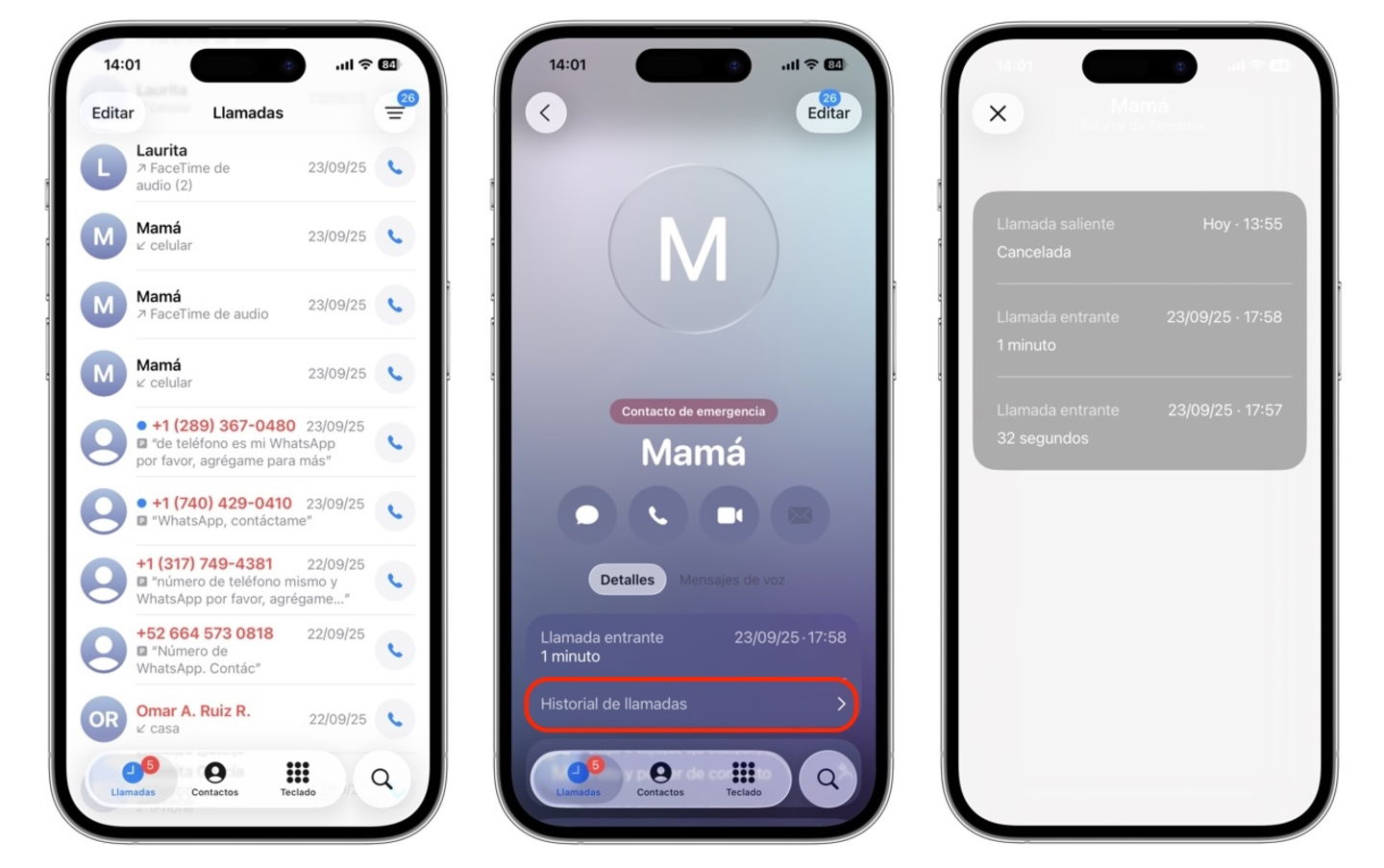 App Teléfono en iOS 26