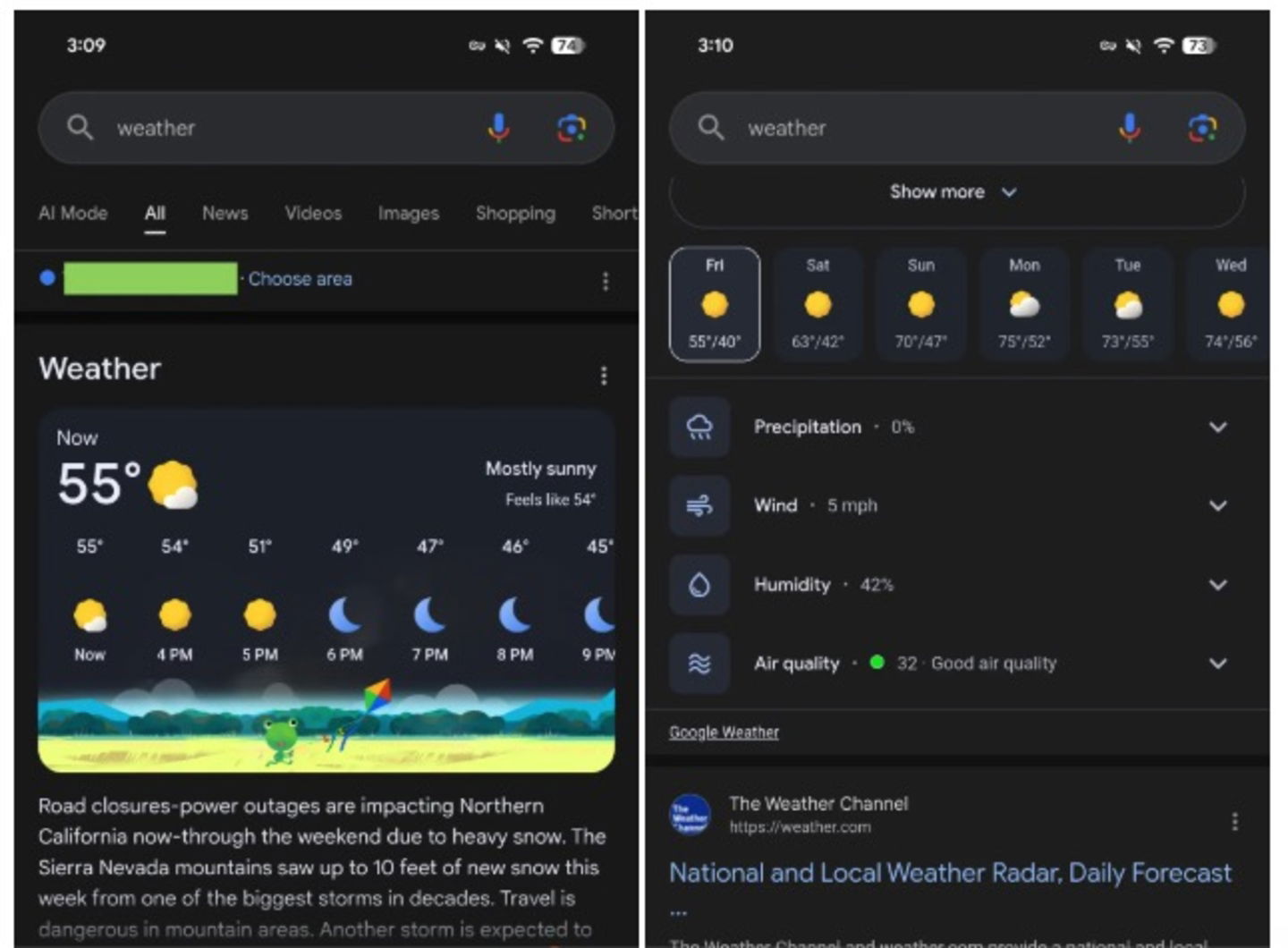 Tiempo en la app de Google